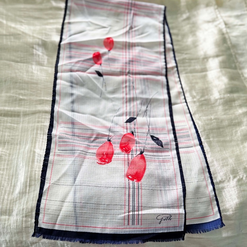 100% SILK SCARF, PINK/GOLD/NAVY FLOWERS, 54 X 12 INCHES, by GOTH, NO DAMAGE
